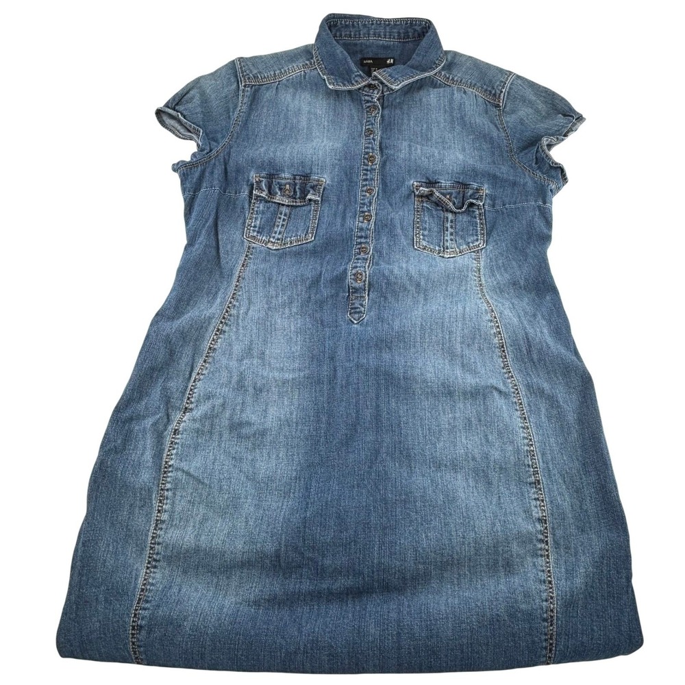 HM MAMA Denim Jean Shirt Dress Short‎ Sleeve Collared Button Front Blue Size M